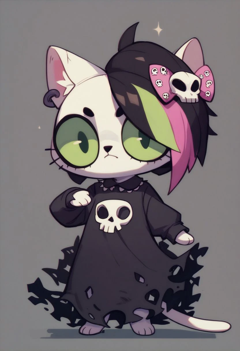 score_9, score_8_up, score_7_up, score_6_up, 
cartoon, digital art,
Mursday, 1girl, cat girl,
black dress, multicolored hair, green eyes, bow, skull