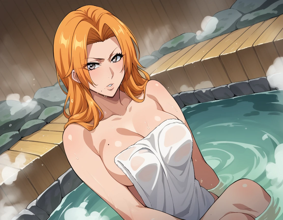 score_9, score_8_up, score_7_up, source_anime,
rangikumatsumoto, <lora:rangiku-matsumoto-anime-ponyxl-lora-nochekaiser:1>,
rangiku matsumoto, long hair, grey eyes, orange hair, mole, mole under mouth, parted bangs,
nude, naked,
outdoors, onsen, towel, naked towel, steam, bathing, nude cover, partially submerged, water, bath, steam censor, wet towel,
looking at viewer, cowboy shot, dutch angle,