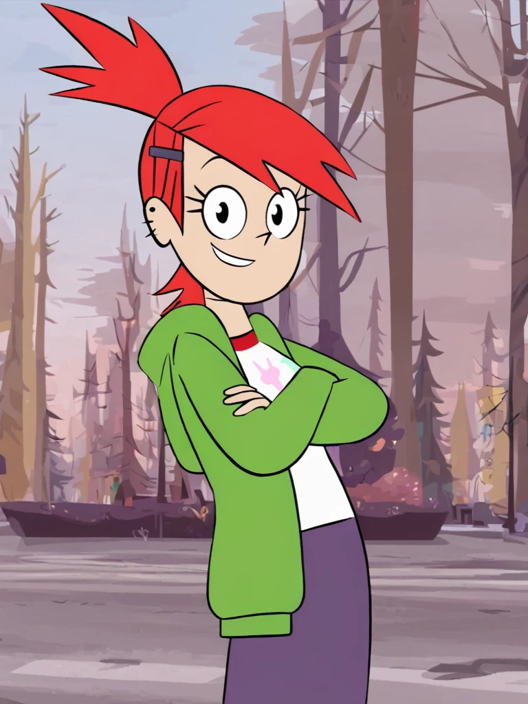 frankiefoster, 1girl, red hair, solo, ponytail, earrings, hairclip, ear piercing, green hoodie, printed shirt, purple skirt,looking at viewer, smile,standing, outdoors, <lora:FrankieFosPony1.2:0.8>