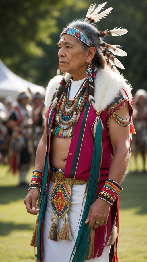 A Native American tribal elder, adorned with traditional regalia and feathers, standing amidst a powwow, with a weathered yet wise expression