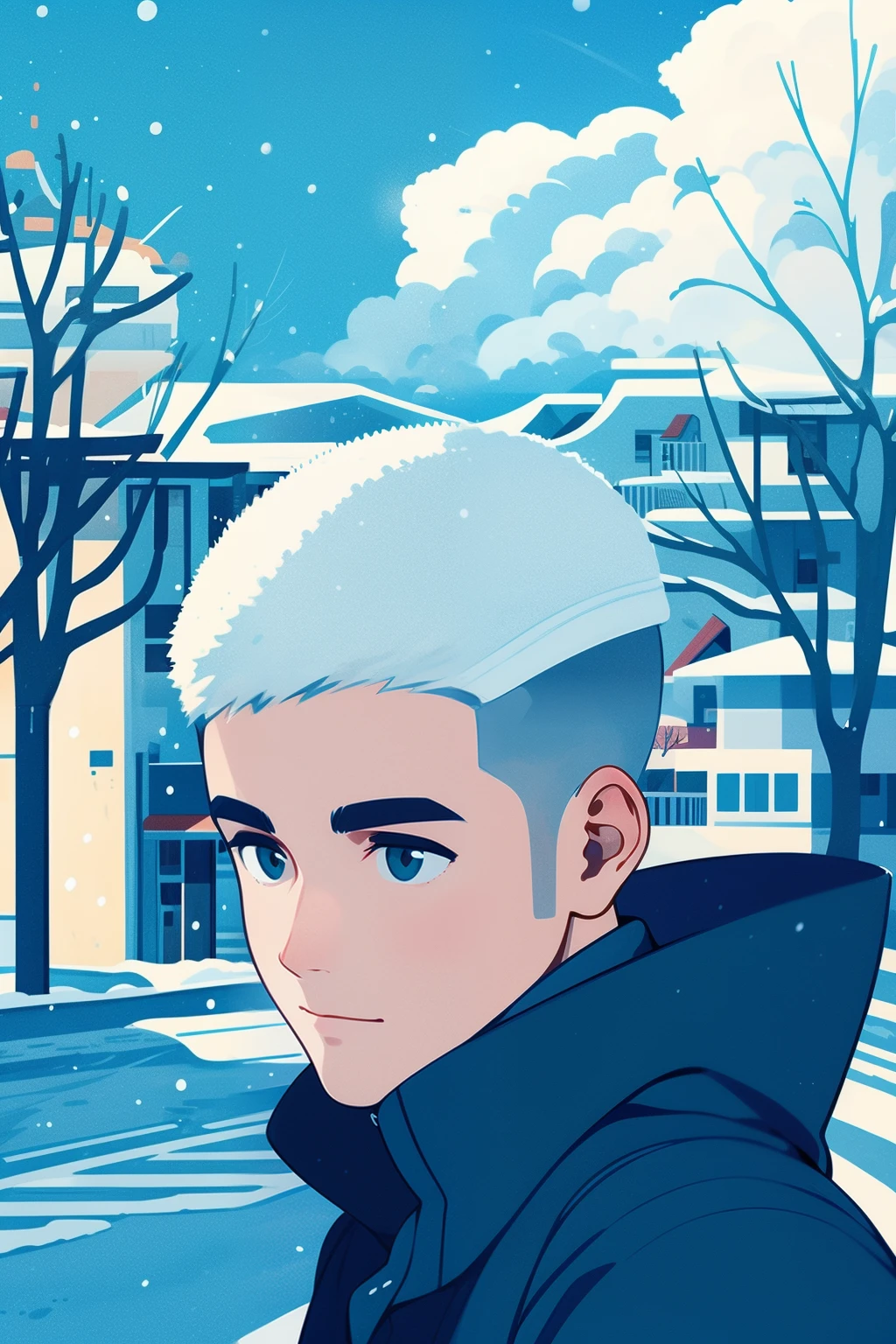 kk-boy, 1boy, upper body, male focus, short hair, outdoors, white hair, ground vehicle, snow, solo, winter, sky, looking at viewer, cloud, coat, bare tree, building, road, day, cloudy sky, snowing<lora:kk-1boy:0.8> <lora:kk-boy:0.3>