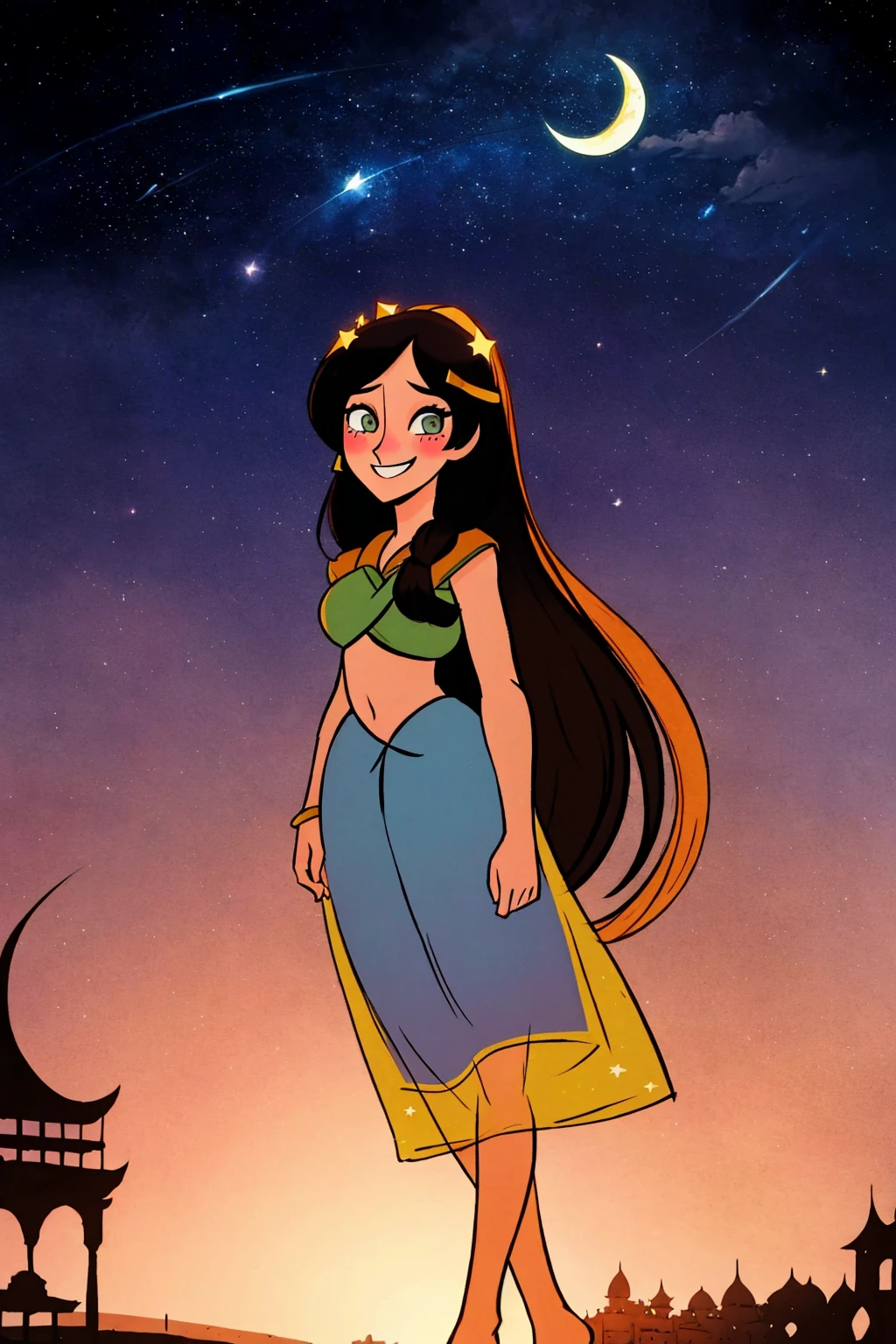 masterpiece, ultra-detailed, best quality, illustration, 8k cg wallpaper, an extremely delicate and beautiful, 1girl, Princess Jasmine /(Aladdin/), solo, perfect anatomy, smiling, blushing, dark skin, perfect arms, perfect legs, cute, pretty, beautiful, sexy, perfect body, (background: Arabian city, Arabian buildings, night sky, moon, stars, intricately detailed items in background), <lora:Wolfwalkers:1>