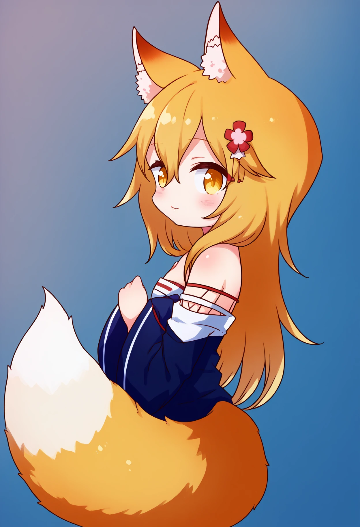 score_9, best quality, masterpiece, uncensored, source_anime
BREAK
1girl, animal ear fluff, animal ears, blonde hair, cowboy shot, flower, fox ears, fox girl, fox tail, from side, hair between eyes, hair flower, hair ornament, looking at viewer, off-shoulder shirt, off shoulder, shirt, simple background, solo, tail, tail raised, white background, white shirt, yellow eyes, senko sewayaki kitsune no senko-san, sewayaki kitsune no senko-san, blush, light smile
<lora:done_(donezumi)_pony_v1:1> <lora:senko_ds6_ponyxl_lr1e-5_constant_adamw8_dim32_alpha16:1>