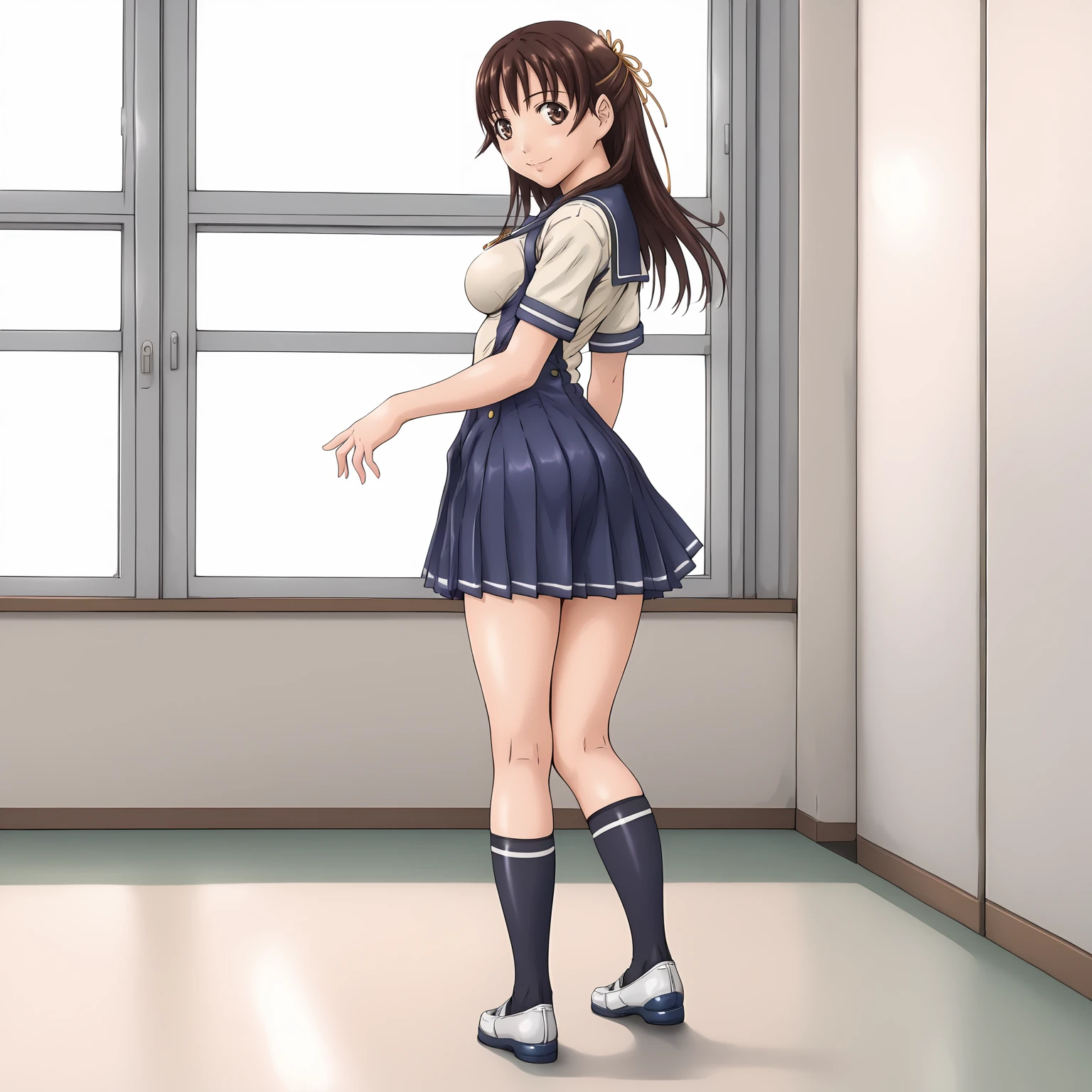 (highest quality, masterpiece:1.2), highest quality, High resolution, 1080p, 8K, CG of the heroine of a beautiful girl game, Height: 158cm, A beautiful woman with a smile falls upside down from the sky like an angel, A face that everyone loves, Glossy lips, Even bangs, Double, Long eyelashes on both the top and bottom, Big wide blue eyes, The very large and thick yellow ribbon bowtie is very cute., Beautiful, shiny, long black hair, ((A long, neat, dark navy pleated skirt)), (((A long-sleeved navy blue sailor uniform for winter, all dark blue in color))), ((Navy blue jacket)), Ribbon in hair, Thick calves, Tight waist, Approaching the viewer with open arms, ((Talking to the audience)), ((Trying to kiss)), A very sacred temple in the sky, Shooting from below, ((Blur the background))