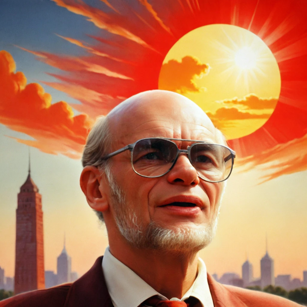 <lora:spede:0.8> a vintage soviet propaganda poster with the picture of spede man, bald, eyeglasses, red sky, sun behind head, sunrays