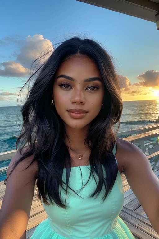 HDR photo of <lora:SavannahShaeRichards_V1:1> woman, black hair, dark skin, long hair, (dark-skinned female), full lips, brown eyes, smile, white linen summer dress, breath taking ocean and coastline view, realistic, looking at the viewer,  backlighting, atmospheric. 
High dynamic range, vivid, rich details, clear shadows and highlights, realistic, intense, enhanced contrast, highly detailed, (dutch angle)