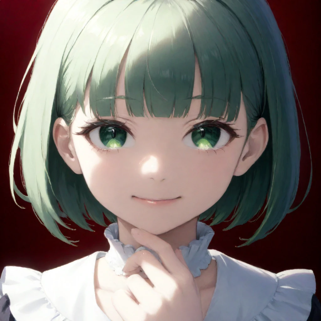 okawaii koto, 1girl, solo, looking at viewer, smile, bob cut, blunt bangs, light green hair, green eyes, gradient background, red background, (empty eyes, hand on own chin, maid outfit, detached collar, upper body:1.2) <lora:Okawaii_koto:1>