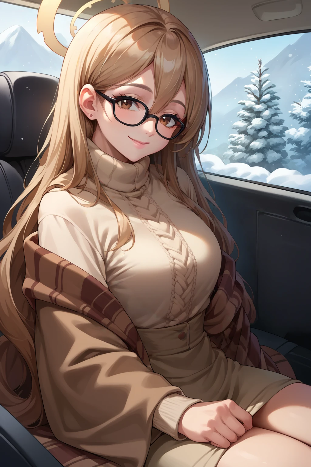 score_9, score_8_up, score_7_up, source_anime, cowboy shot, looking at viewer, smile, aknba, large breasts, brown eyes, halo, very long hair, black-framed eyewear, brown shawl, winter clothes, sitting, winter, car interior, <lora:Hoseki_BlueArchive_AkaneMurokasa_PDXL_v1:1>