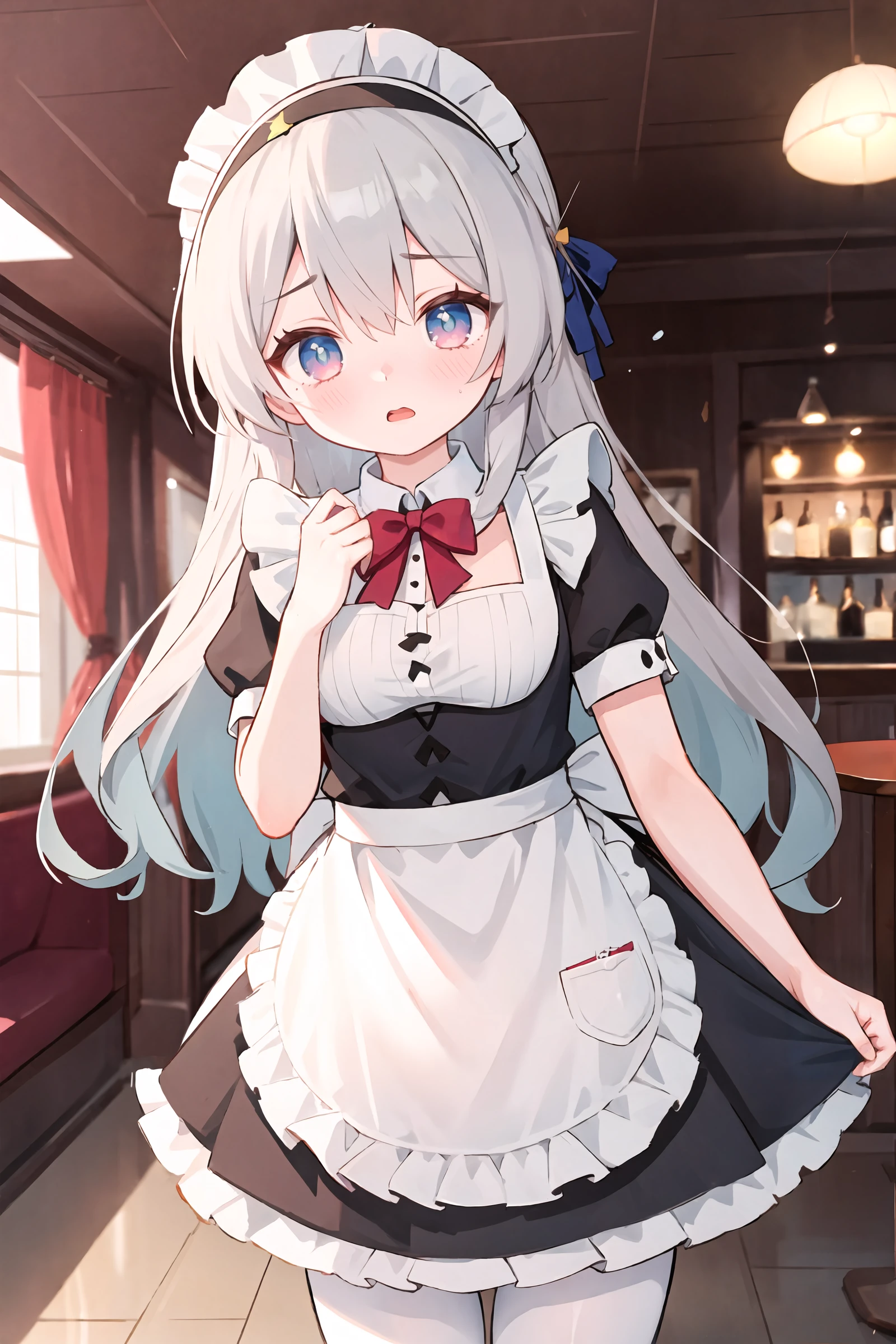 1girl, firefly \(honkai: star rail\), hairband, solo, maid, maid headdress, maid apron, embarrassed, pantyhose, open mouth, blush, parted lips, looking at viewer, cowboy shot, bar \(place\), indoors, depth of field