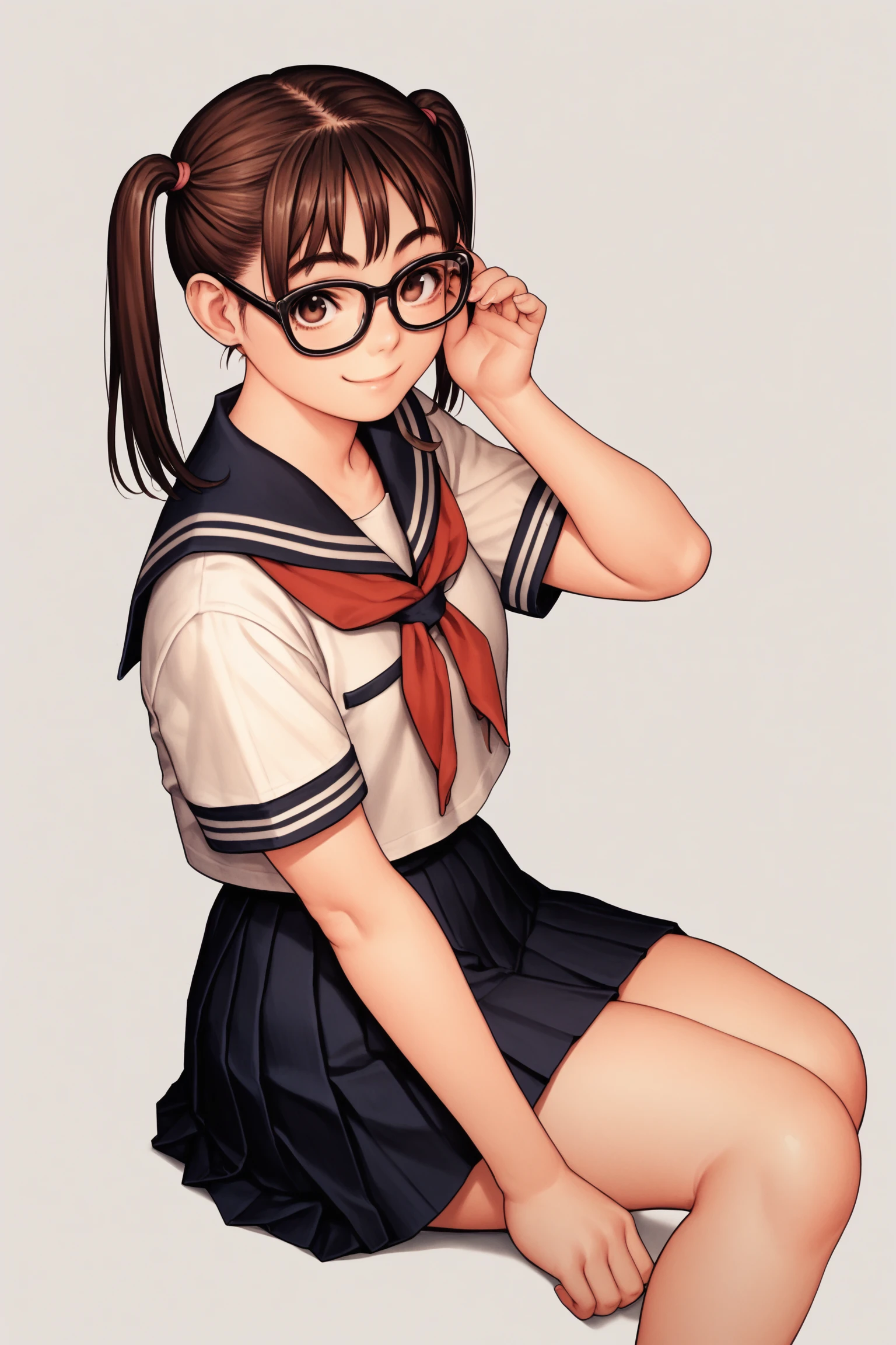 score_9, score_8_up, score_7_up, 1girl, solo, school uniform, glasses, brown hair, twintails, skirt, brown eyes, sitting, serafuku, pleated skirt, simple background, smile, looking at viewer, black skirt, black-framed eyewear, short sleeves , <lora:Tsukasa_Jun_PonyXL_V2_dim32-000036:0.9>