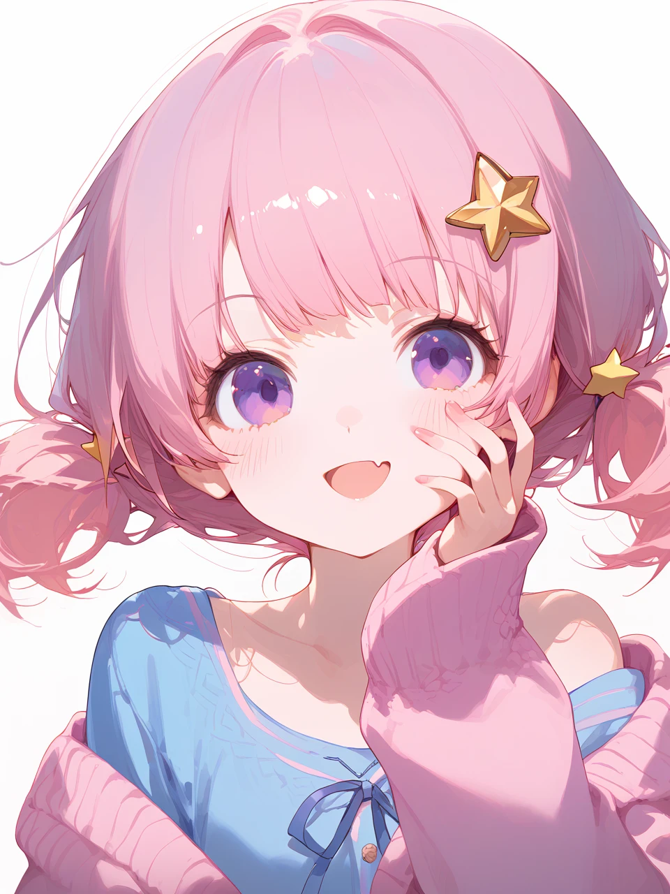 1girl, 
score_9, score_8_up, score_7_up, open mouth, upper body, cardigan, signature, shirt, pink hair, twintails, short twintails, hair ornament, looking at viewer, smile, blue shirt, pink cardigan, off shoulder, pink nails, collarbone, hairclip, sleeves past wrists, hand on own face, white background, simple background, long sleeves, fang, :d, star \(symbol\), fingernails, short hair, star hair ornament, nail polish, artist name, head tilt, solo, hand on own cheek, purple eyes, hand up, v, blush