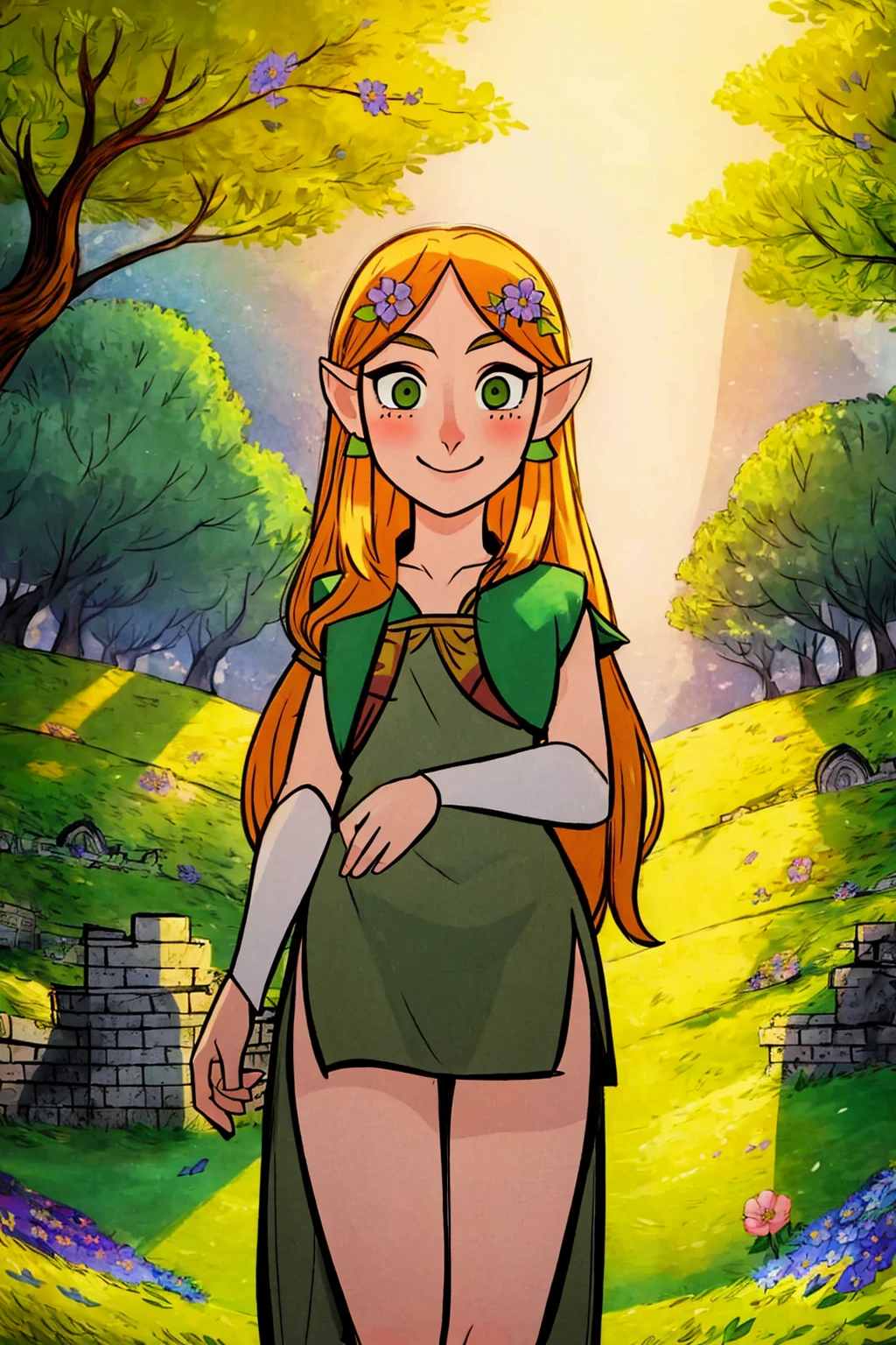 masterpiece, ultra-detailed, best quality, illustration, 8k cg wallpaper, an extremely delicate and beautiful, 1girl, Princess Zelda /(The Legend of Zelda/), solo, perfect anatomy, smiling, blushing, perfect arms, perfect legs, cute, pretty, beautiful, sexy, perfect body, (background: flowery field, grass, trees, flowers, ruins, intricately detailed items in background), <lora:Wolfwalkers:1>