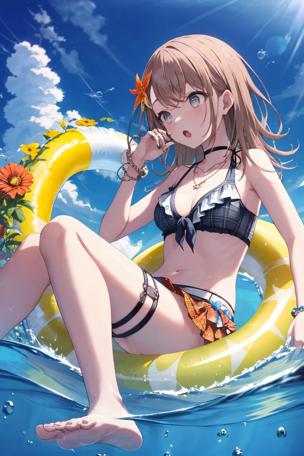 (masterpiece), best quality, expressive eyes, perfect face, minorichan, open mouth, skirt, hair ornament, bow, holding, bare shoulders, jewelry, medium breasts, sitting, collarbone, swimsuit, full body, flower, bikini, small breasts, outdoors, frills, sky, barefoot, choker, day, striped, shiny, belt, cloud, hand up, hair flower, water, necklace, :o, shiny hair, bracelet, blue sky, grey eyes, plaid, bare arms, dutch angle, bare legs, thigh strap, ocean, sunlight, scrunchie, cloudy sky, polka dot, front-tie top, knees up, blue bikini, fish, frilled bikini, bubble, innertube, beads, toenails, light blush, light rays, yellow flower, front-tie bikini top, air bubble, wrist scrunchie, bikini skirt, looking afar, bead bracelet, shell, starfish, orange flower, afloat, seashell, caustics, pearl (gemstone), coral, partially underwater shot, pearl bracelet, flower bracelet, <lora:a6d131ee-d2cb-4d20-84a1-998e47ea97d4:0.7>