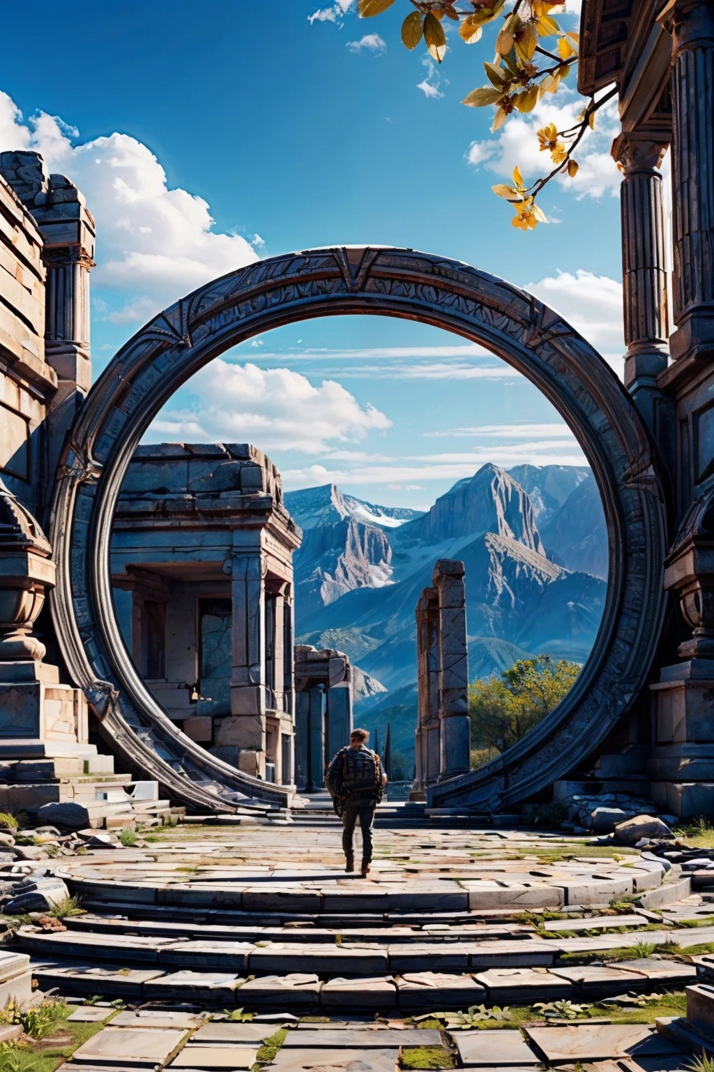 (ultra realistic,32k, masterpiece:1.2),(high detailed skin:1.1),( high quality:1.1),  ((masterpiece, best quality)), <lora:Stargate:0.8>,  Stargate, outdoors, sky, day, cloud, blue sky, no humans, scenery, rock, ruins, pillar, temple,   otherworldly fragrance blurry background, <lora:add_detail:0.92>,