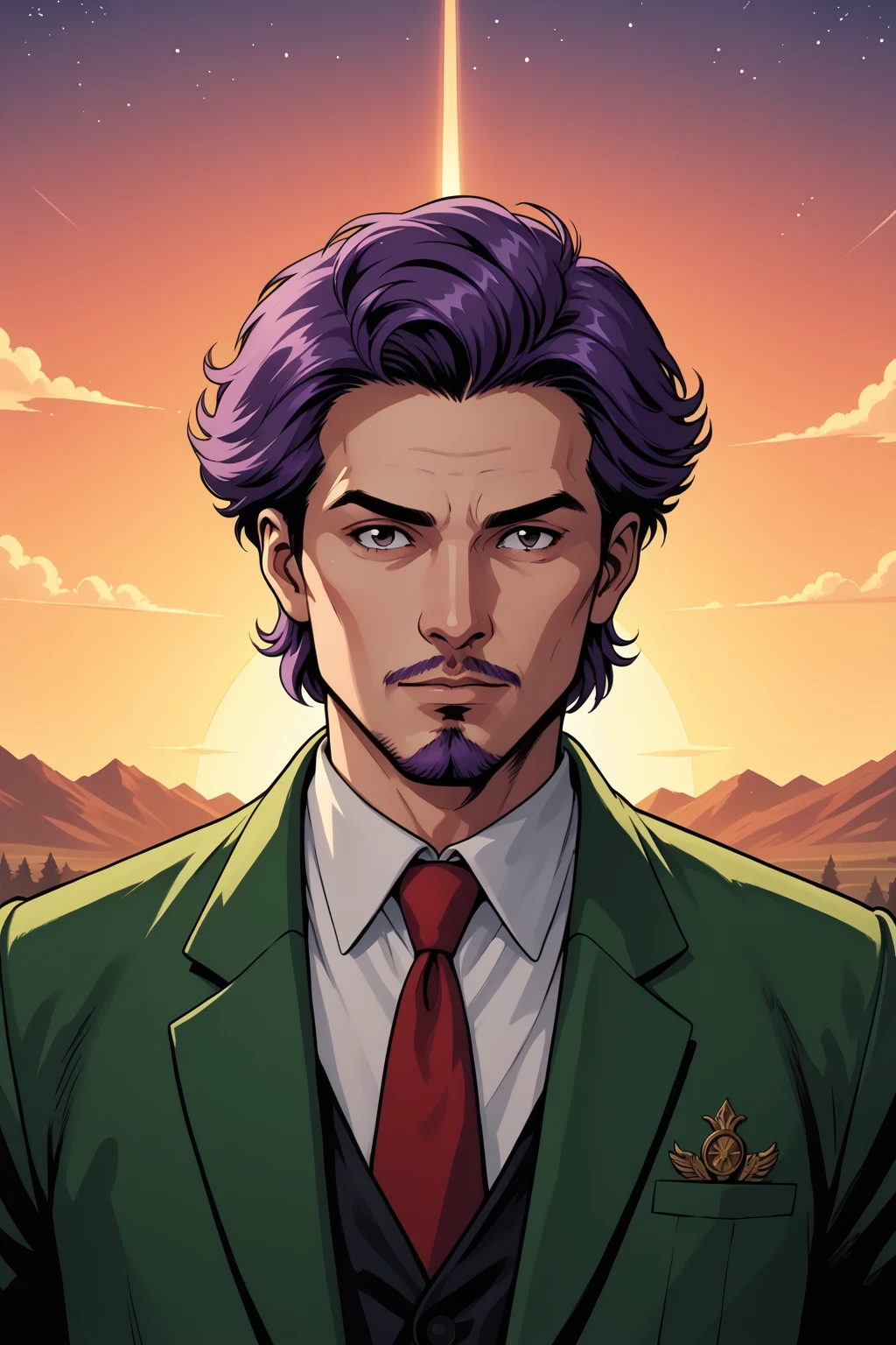 PonyXLV6_Scores , BREAK a man with a beard and a suit with a tie and a beard, purple hair, green suit, cinematic photography, maximalism, , retro art style, fantasy art, outdoors, sunset, dusk, galaxy, side lighting, neon lighting, rembrandt lighting