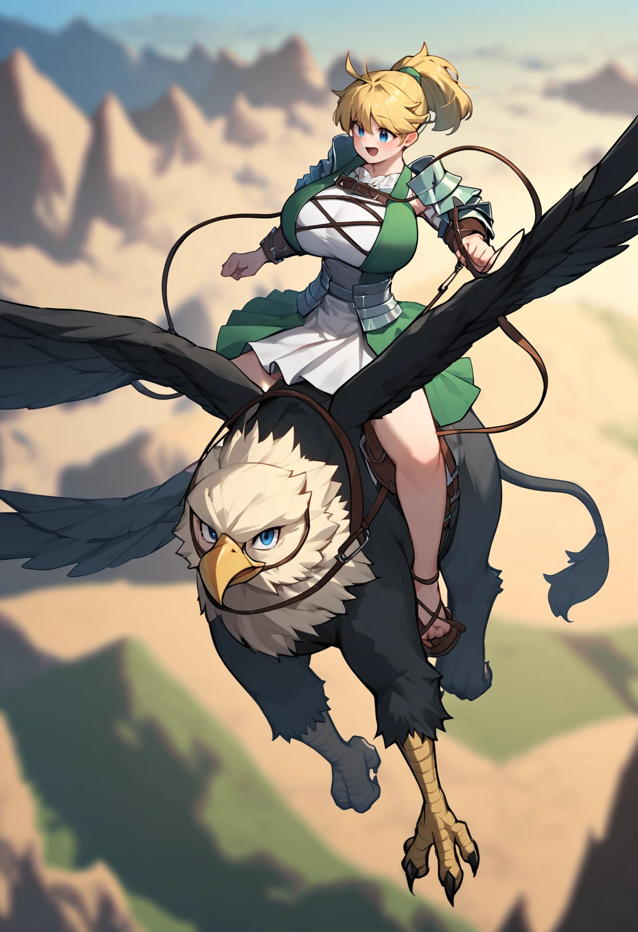 score_9, score_8_up, score_7_up, score_6_up, score_5_up, source_anime,
celeste,<lora:celeste_pony:0.65>
1girl,solo,ponytail,blonde hair, 
huge breasts,white dress,green jacket, armor, 
riding,riding on a griffon,talons,horseback riding, holding reins,
wind lift,skirt lift,
depth of field,fantasy,scenery,
from above, flying,midair,landscape,
face on focus,extreme close-up,