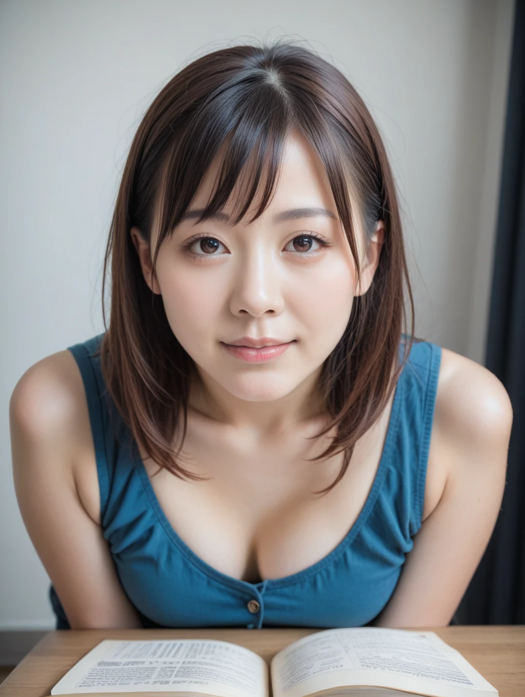 source_realistic,photo,realistic,RAW ,photorealism, score_9, score_8_up, score_7_up,best quality, masterpiece, 4k,8k, uncensored, perfect lighting, rating_explicit ,absurdres, very aesthetic , detailed eyes,realistic skin texture,asian face,cute japanese female,upper body, 
down blouse, curvy , bent over,  office, looking up, ( light smile:0.7),