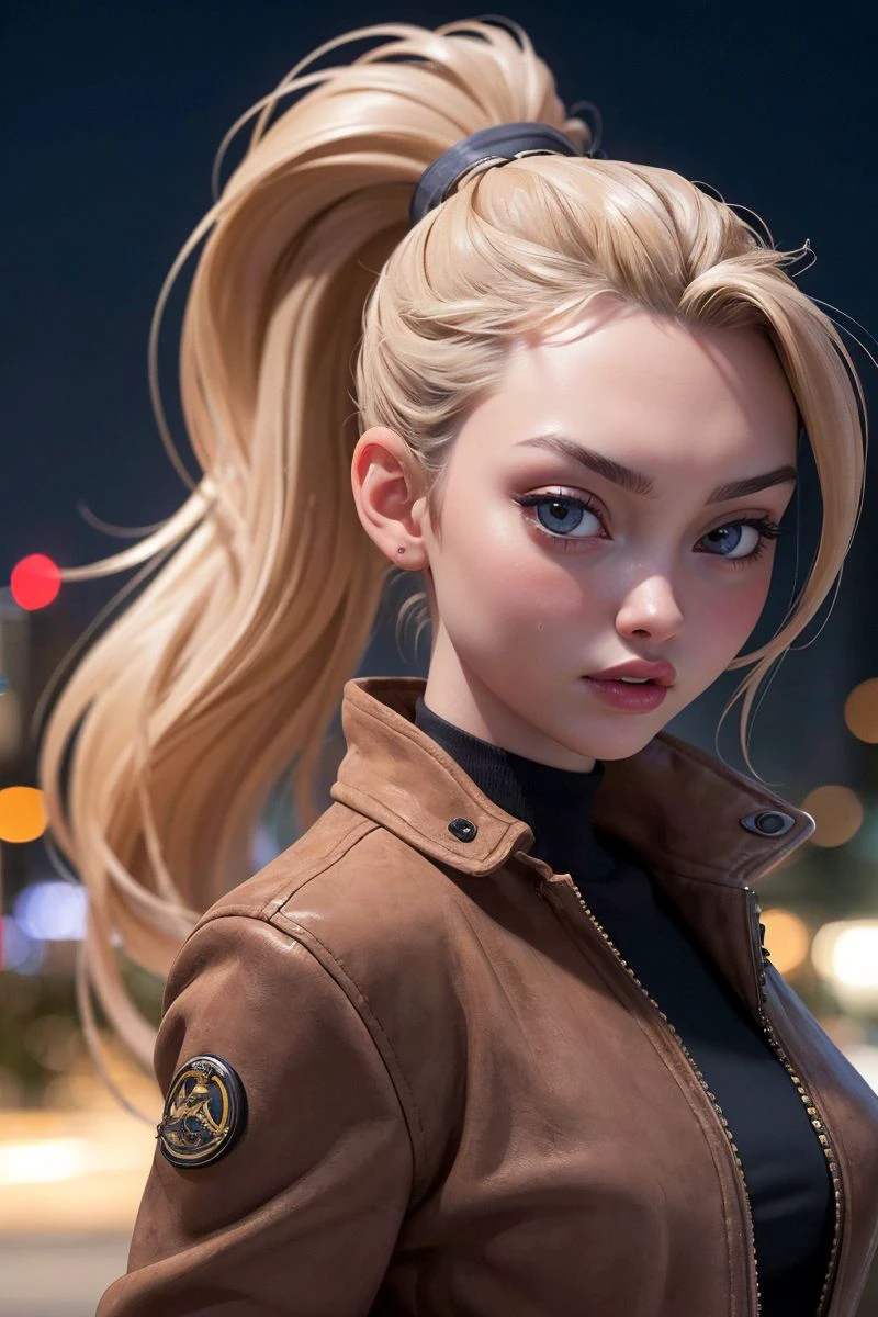 portrait of S382_ChloeAvenaim,a gorgeous woman,in a (city:1.1),wearing a (suede-jacket:1.1),(ponytail),(night),(4k, RAW photo, best quality, 50mm, depth of field, ultra high res:1.1),(intricate, photorealistic, cinematic-shot, masterpiece, ultra-detailed:1.1),