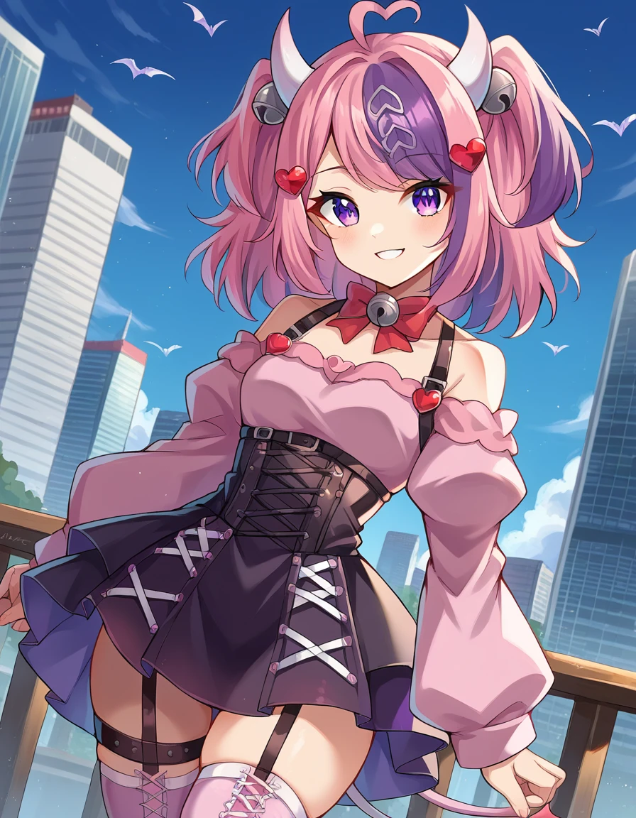 score_9, score_8_up, score_7_up, source_anime,
ironmouse, <lora:ironmouse-ponyxl-lora-nochekaiser:1>,
ironmouse, ahoge, medium hair, multicolored hair, pink hair, purple eyes, purple hair, sidelocks, streaked hair, swept bangs, two side up, two-tone hair, hair ornament, heart, heart ahoge, heart hair ornament,
bare shoulders, bell, boots, bow, bowtie, buckle, chain, collarbone, cross-laced clothes, cross-laced skirt, cross-laced slit, demon girl, demon horns, demon tail, detached sleeves, garter straps, horns, kneehighs, neck bell, off shoulder, puffy detached sleeves, puffy sleeves, purple legwear, red bow, red bowtie, skirt, tail, thigh strap, thighhighs,
outdoors, cityscape, smile,
looking at viewer, cowboy shot, dutch angle,