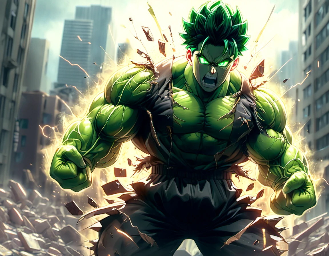 (((masterpiece))) , (((best quality))) , anime style, 2d, well-built charming 1boy, solo, lovely 1boy, cinematic film still, HulkRay, Izumi Maki, Hulked Out, roaring, broken city background, he has Shaved sides hair, (clenched fists:1.2), key visual, 