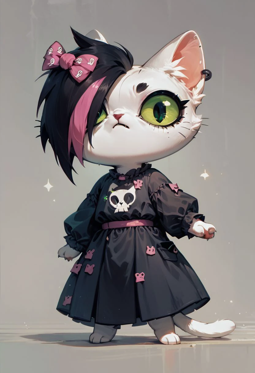 score_9, score_8_up, score_7_up, score_6_up, 
digital art,
Mursday, 1girl, cat girl, white fur,
black dress, multicolored hair, green eyes, bow