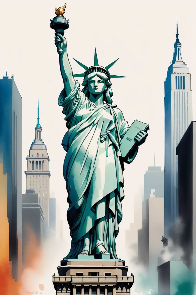 score_10,score_9, score_8_up, score_7_up, score_6_up, score_5_up, work by Camille Pissarro, a illustration, captivating contemporary-style minimalist collage featuring the Statue of Liberty against a backdrop of sleek business elements. Utilize clean lines, bold shapes, and a restrained color palette to convey both the iconic stature of Lady Liberty and the dynamic, modern spirit of the business world. Integrate subtle symbols of commerce, technology, and innovation to seamlessly blend the historical and the contemporary. Your artwork should evoke a sense of balance between tradition and progress, showcasing the Statue of Liberty as a timeless symbol within the context of a sophisticated business environment, high details, linquivera, liiv1 , ((style of Olly Moss)), watercolor sketch in artistic style, large strokes, finalized with ink, fine lines
