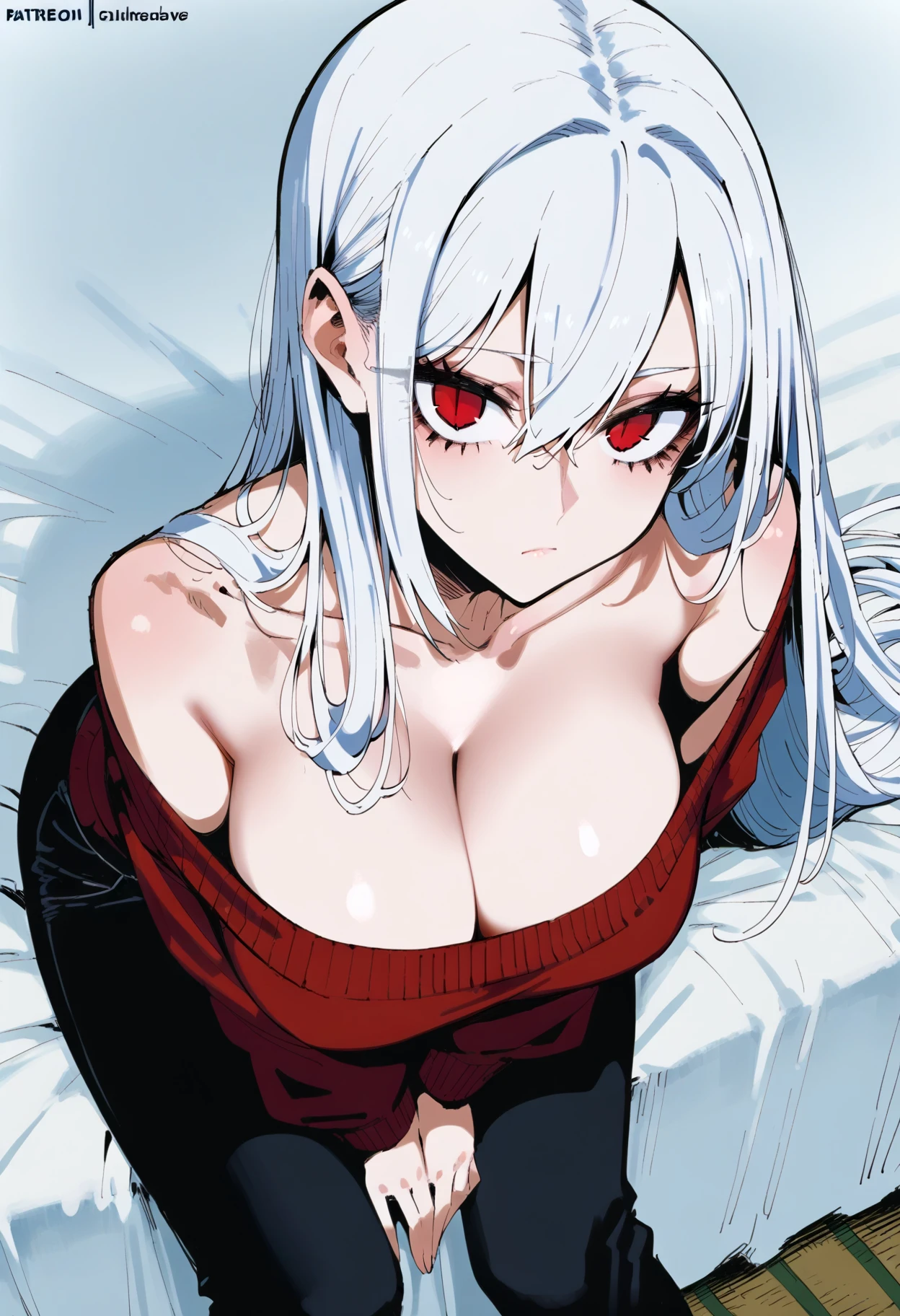 score_9, score_8_up, score_7_up, source_anime, (bloom:1.2), 1girl, armpit crease, bangs, bare shoulders, bed sheet, black pants, breasts, cleavage, closed mouth, collarbone, expressionless, eyelashes, from above, hair behind ear, hair between eyes, hair flowing over, hands on lap, large breasts, leaning forward, long eyelashes, long hair, long sleeves, looking at viewer, off-shoulder shirt, off-shoulder sweater, off shoulder, on bed, own hands together, pants, red eyes, red sweater, shirt, sidelocks, sitting, slit pupils, solo, straight hair, sweater, v arms, very long hair, white hair, <lora:Artist - J.K. .3 WD - IPG - ND v27 doubled all:0.5> <lora:Artist - krekkov .3 WD - IPG - ND v27 doubled all:0.5>