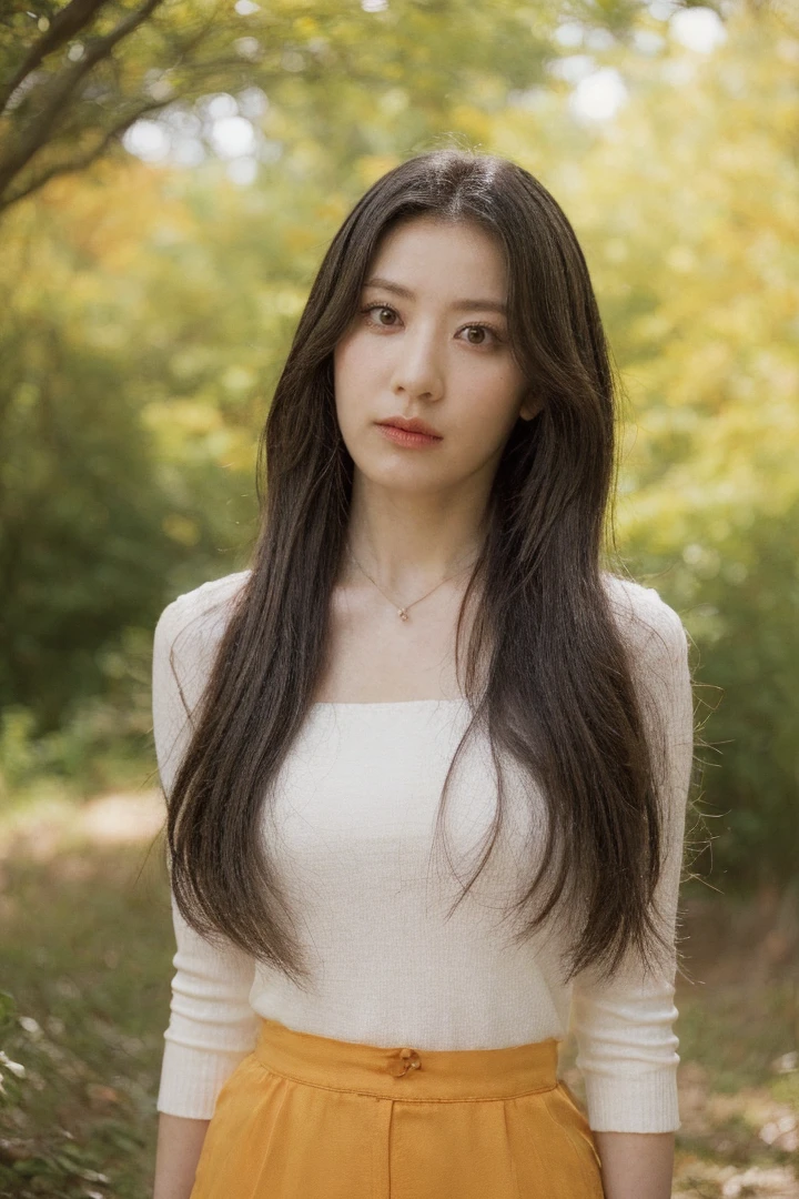 1girl, solo, (upper body), looking at viewer, detailed face, detailed eyes and pupils, Culottes, tight knitted blouse, pendant necklace, A forest park during the peak of autumn, with trees adorned in a tapestry of vibrant reds, oranges, and yellows. The fleeting nature of the season adds a touch of melancholy and appreciation for the transient beauty of life, <lora:sakuralorashyv1_5:1>