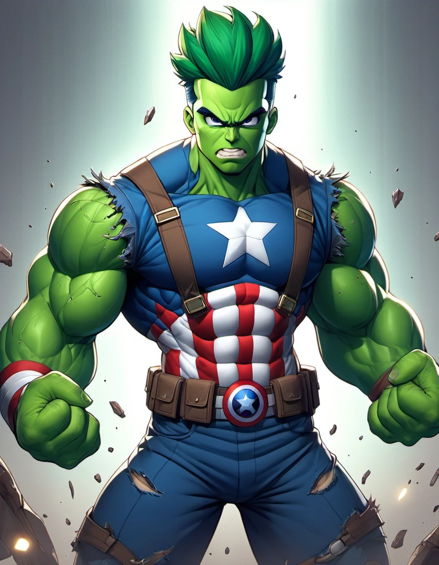 (((masterpiece))) , (((best quality))) , anime style, 2d, well-built charming 1boy, solo, lovely 1boy, HulkRay,  Captain America, hulking out, he has Shaved sides hair, key visual, 