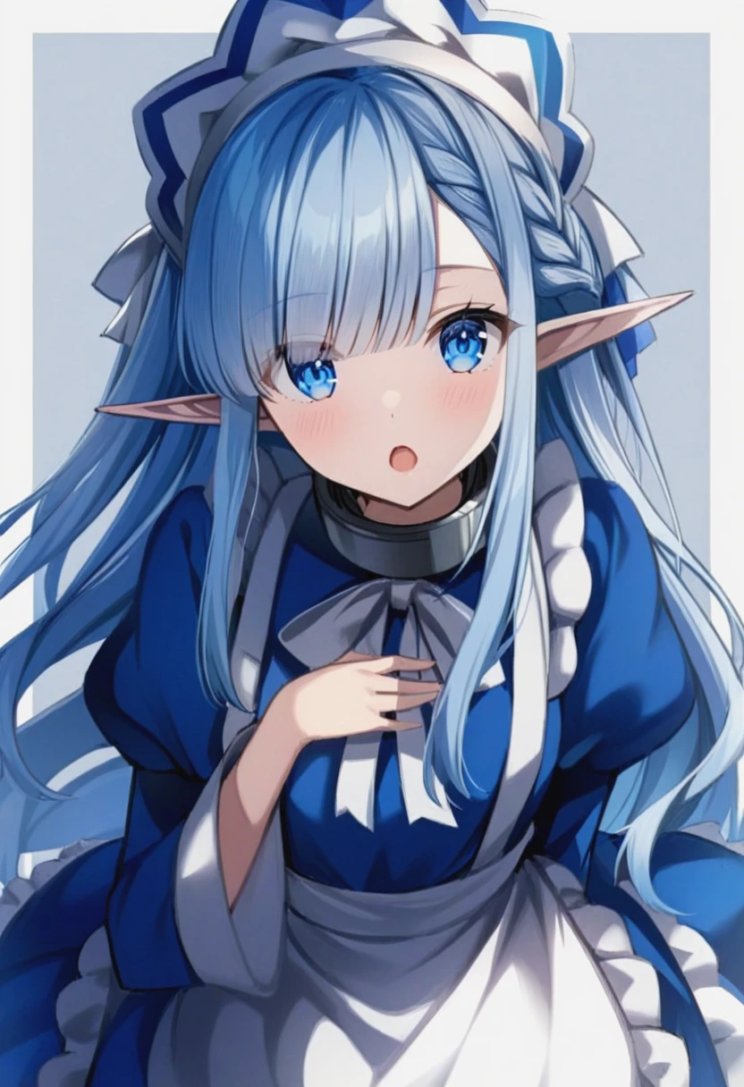 1girl,nephelia,apron,blue_dress,blue_eyes,braid,collar,dress,elf,eyebrows_hidden_by_hair,hair_between_eyes,hair_ribbon,hand_on_own_chest,juliet_sleeves,large_ribbon,long_bangs,long_hair,long_sleeves,looking_at_viewer,metal_collar,neck_ribbon,open_mouth,pointy_ears,puffy_sleeves,ribbon,simple_background,solo,upper_body,white_apron,white_hair,white_ribbon,<lora:nephelia-xl:0.9>,<lora:add_details_xl:0.5>,