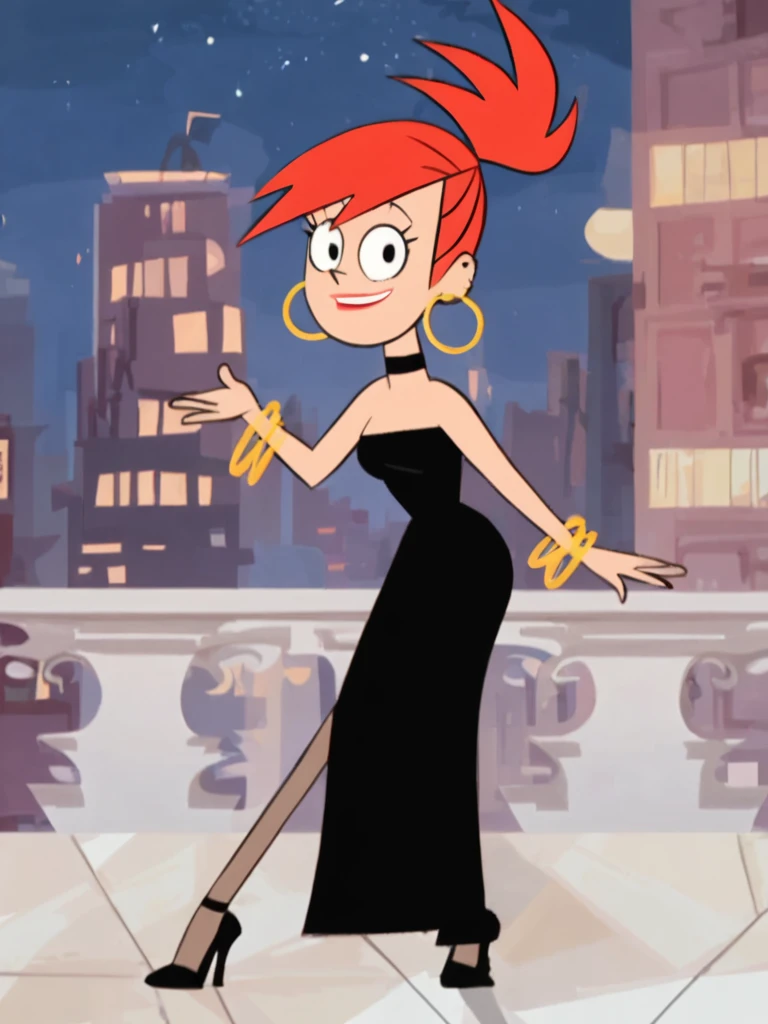 FrankieFoster, 1girl, lipstick, dress, black dress, solo, jewelry, red hair, smile, earrings, choker, hoop earrings, bangle, high heels, ponytail, high ponytail,looking at viewer, smile, standing,full body, city,night, <lora:FrankieFosPony1.0:0.85>, score_9, score_8_up, score_7_up, score_6_up