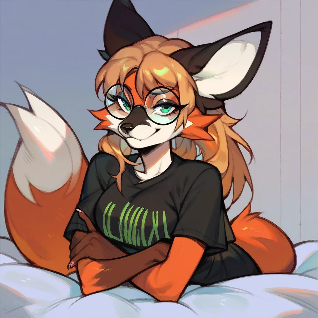 score_9, score_8_up, score_7_up, score_6_up, score_5_up, score_4_up, xenia, linux shirt, anthro fox female, round glasses, smug, bedroom, green eyes, looking at you <lora:xenia-e11:1>