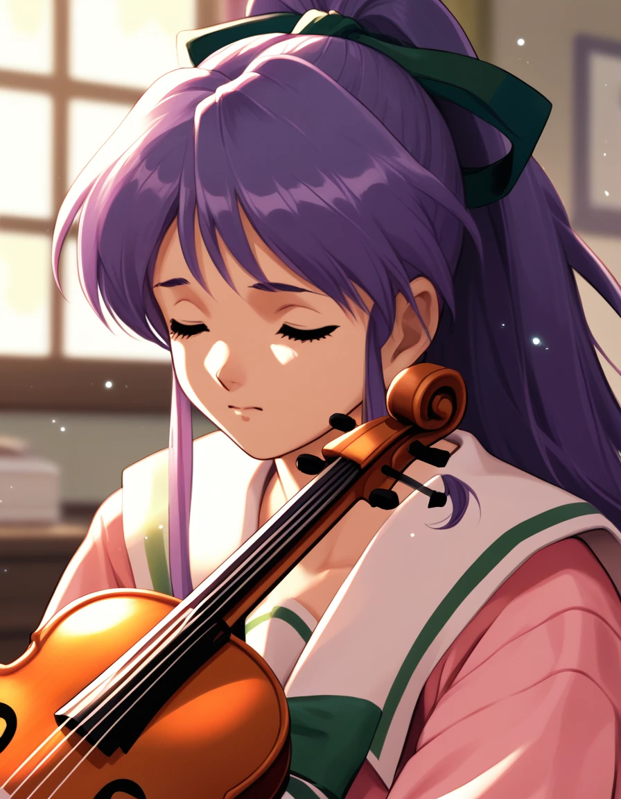 score_9,  score_8_up, score_7_up
<lora:takabe-eri-ponyxl-000028:1> takabe, purple hair, hair ribbon, serafuku, pink shirt,
1girl, solo, upper body, bedroom, violin, bliss, closed eyes, light particles