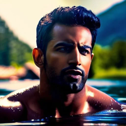 (intricate detail, beautiful/handsome:1.2) ,Friarmoody lighting, close up portrait of mahesh jadu a man <lora:Upen-Patel_Mahesh-Jadu:1>, Sexy Country Style, bathing in a river, roots, (backlighting) , realistic, masterpiece, highest quality, lens flare, shade, bloom, [[chromatic aberration]], by Jeremy Lipking, by Antonio J. Manzanedo, digital painting, Skin Shine,Shiny Skin,Luscious skin, Smile,Chaos mode,unique details,full body