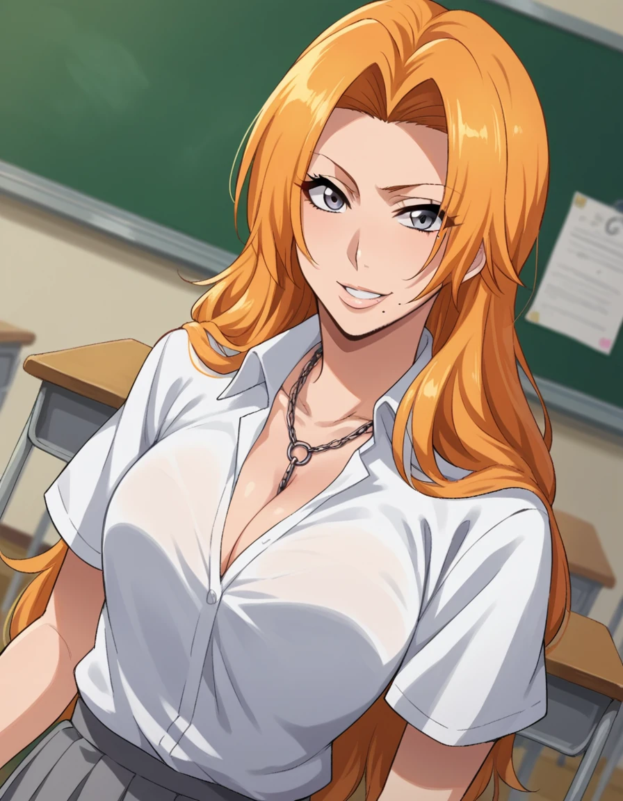 score_9, score_8_up, score_7_up, source_anime,
rangikumatsumoto, <lora:rangiku-matsumoto-anime-ponyxl-lora-nochekaiser:1>,
rangiku matsumoto, long hair, grey eyes, orange hair, mole, mole under mouth, parted bangs,
skirt, shirt, cleavage, jewelry, school uniform, pleated skirt, necklace, chain, collar, short sleeves, grey skirt, white shirt,
indoors, classroom, smile,
looking at viewer, cowboy shot, dutch angle,