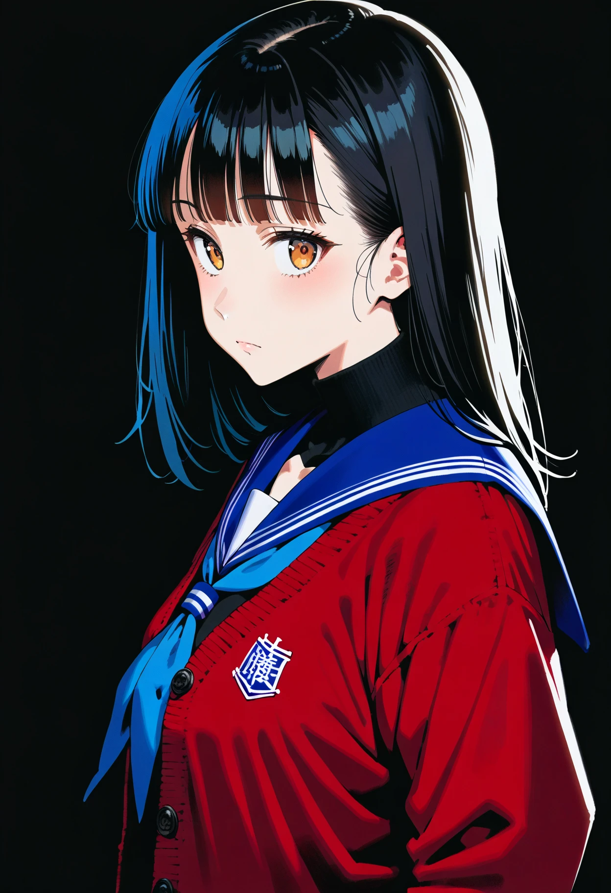 score_9, score_8_up, score_7_up, source_anime, 1girl, arms at sides, backlighting, bangs, black background, black hair, black shirt, blue sailor collar, blue serafuku, blunt bangs, cardigan, closed mouth, dark background, expressionless, jacket, long hair, long sleeves, looking at viewer, medium hair, neckerchief, orange eyes, painterly, sailor collar, school uniform, serafuku, shirt, simple background, solo, straight-on, turtleneck, upper body, yellow eyes,