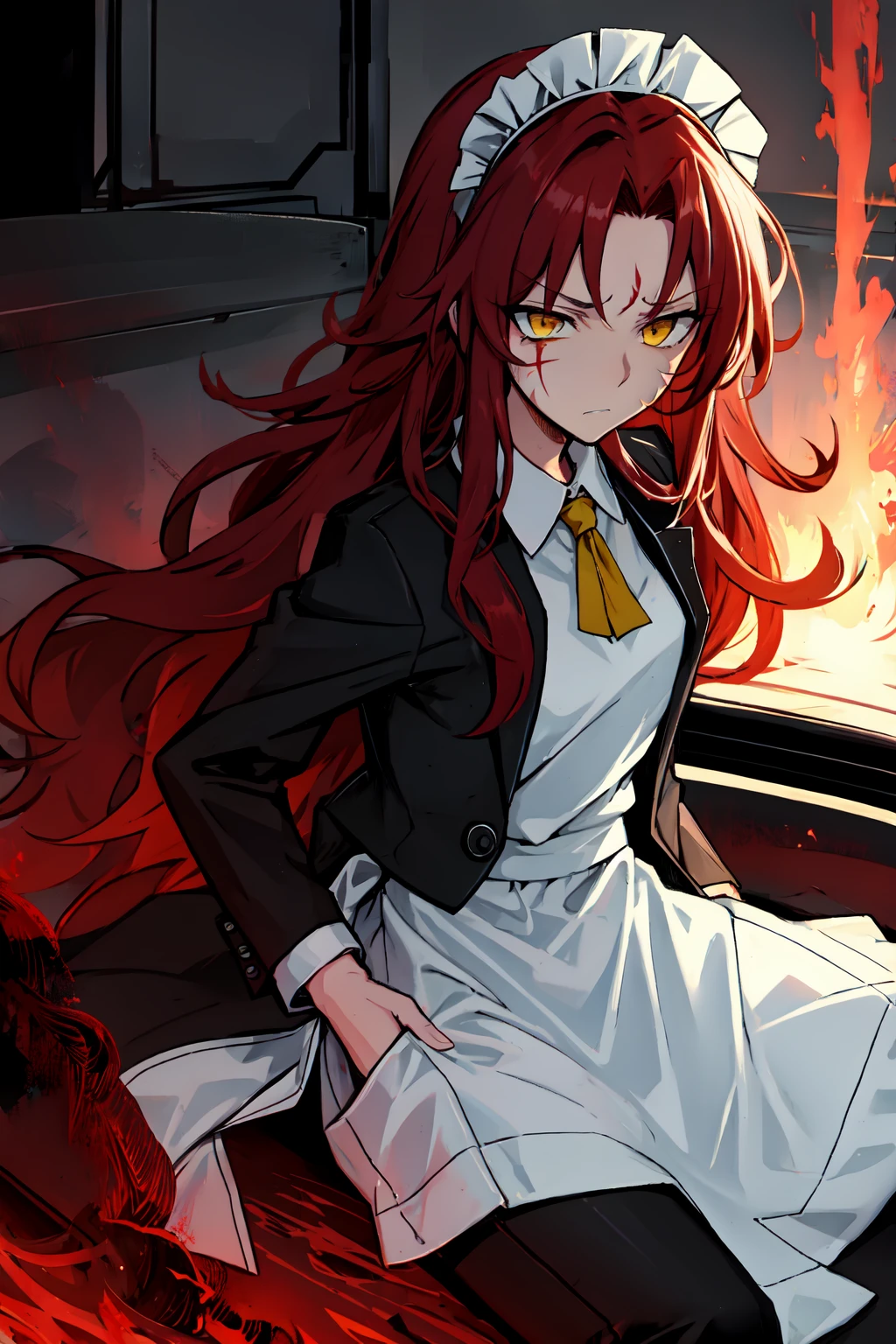 <lora:RedMistGebura-000004:0.8>red long wavy hair,solo,yellow eyes ,scars on face,maid suit,disgusted expression,