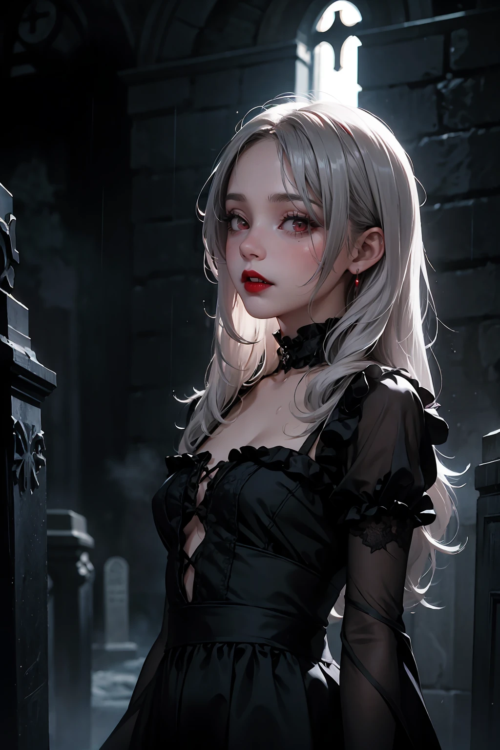 (masterpiece, best quality), 1girl, gray hair, medium chest, gothic frill dress, black dress, pervert face, cemetery, dark atmosphere, rain, fog, pale skin, red lips, red lipstick, cliques, vampire, church, bats