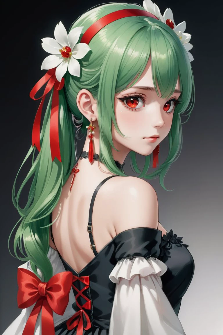 score_9, score_8_up, score_7_up, score_6_up, score_5_up, score_4_up, 1girl, solo, long hair, looking at viewer, hair ornament, red eyes, dress, ribbon, hair between eyes, bare shoulders, jewelry, closed mouth, hair ribbon, upper body, ponytail, flower, sidelocks, hairband, earrings, detached sleeves, green hair, looking back, hair flower, from behind, black dress, black ribbon, white flower, black background, red flower, crossed bangs