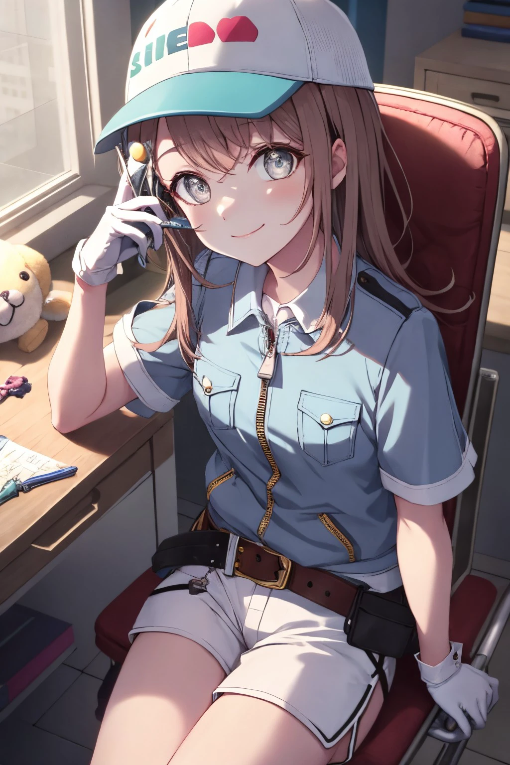 (masterpiece), best quality, expressive eyes, perfect face, minorichan, looking at viewer, smile, shirt, gloves, hat, holding, jewelry, sitting, closed mouth, jacket, short sleeves, shorts, collared shirt, belt, indoors, white gloves, hand up, grey eyes, dutch angle, buttons, shadow, white headwear, from above, chair, stuffed toy, table, stuffed animal, looking up, wing collar, box, baseball cap, desk, zipper, light blush, white shorts, controller, on chair, scissors, backwards hat, collared jacket, wrench, toy, spade (shape), <lora:a6d131ee-d2cb-4d20-84a1-998e47ea97d4:0.7>