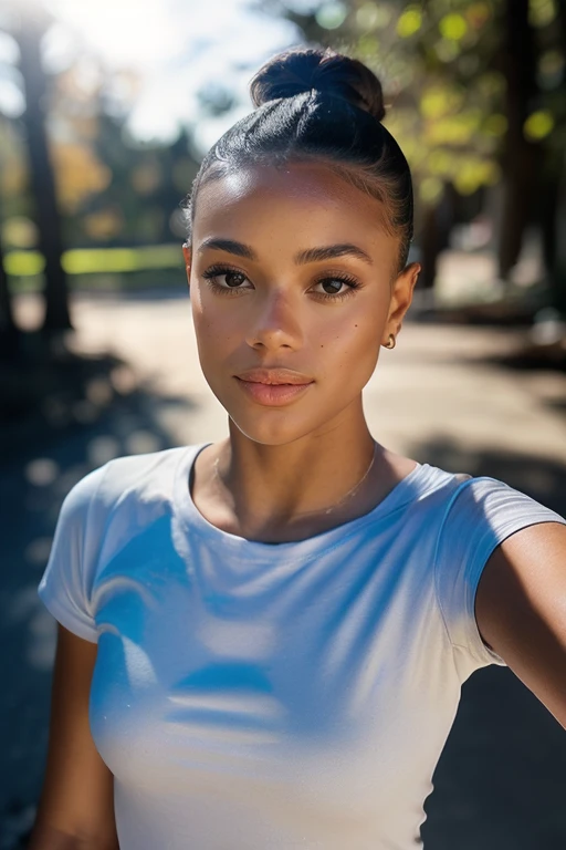 HDR photo of <lora:SavannahShaeRichards_V1:1> woman, black hair, dark skin, long hair, (dark-skinned female), full lips, blush make up, styled, brown eyes, ((hair in a high ballerina bun:1), wearing a white t-shirt, outside, realistic, looking at the viewer,  backlighting, atmospheric. 
High dynamic range, vivid, rich details, clear shadows and highlights, realistic, intense, enhanced contrast, highly detailed, (dutch angle) ((upper body shot)) ((selfie))