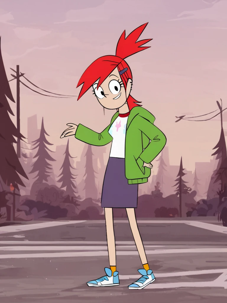 frankiefoster, 1girl, red hair, solo, ponytail, earrings, hairclip, ear piercing, green hoodie, printed shirt, purple skirt,sneakers,looking at viewer, smile,standing, outdoors, <lora:FrankieFosPony1.2:0.8>