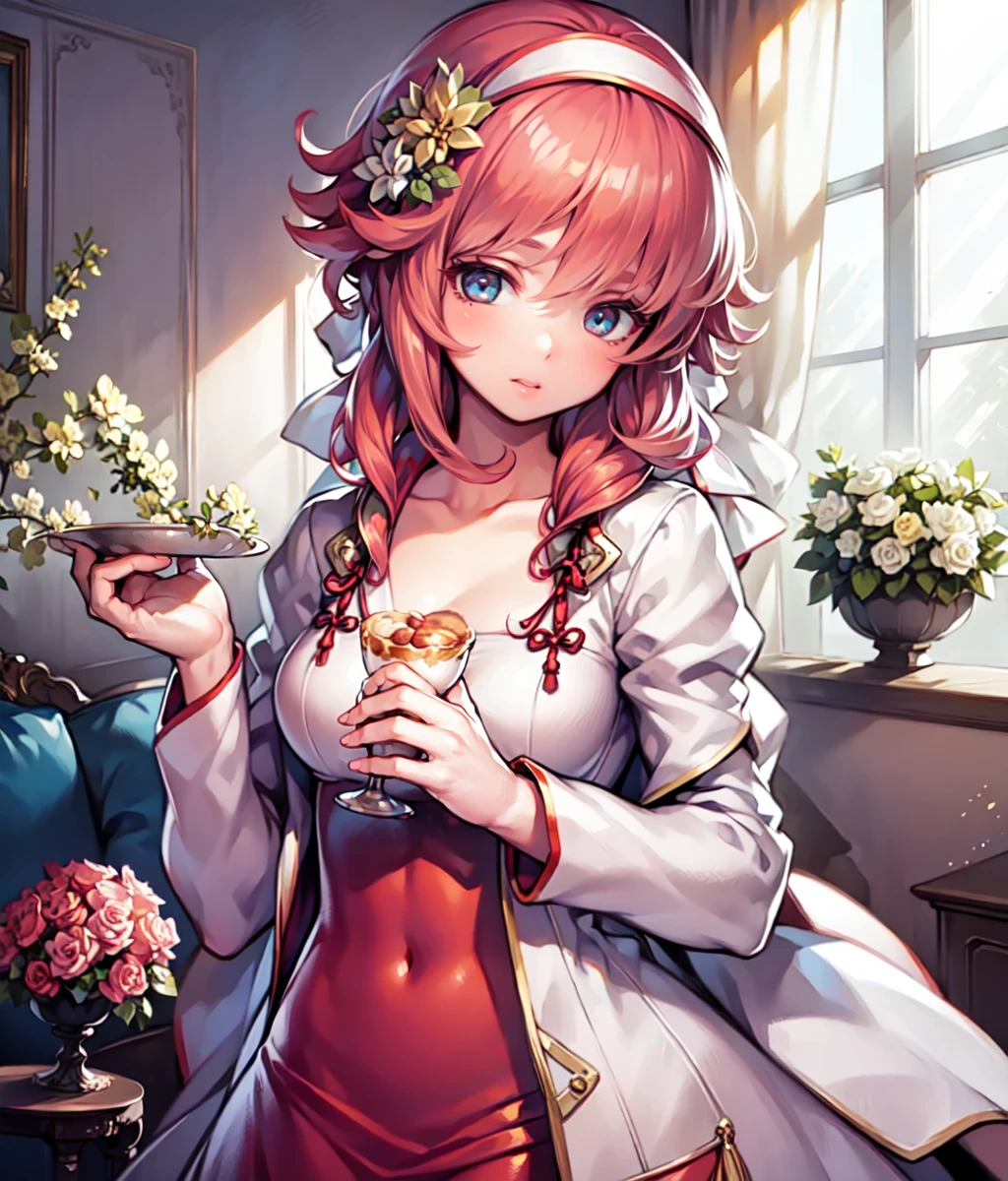 1girl, pink hair, short hair, brown eyes, hairband, pajamas, indoor, living room, holding cup  <lora:Sakura_FE:0.8>, Masterpiece, best quality, high resolution, unity 8k wallpaper, (illustration:0.8), (beautiful detailed eyes:1.6), extremely detailed face, perfect lighting, extremely detailed CG, (perfect hands, perfect anatomy),