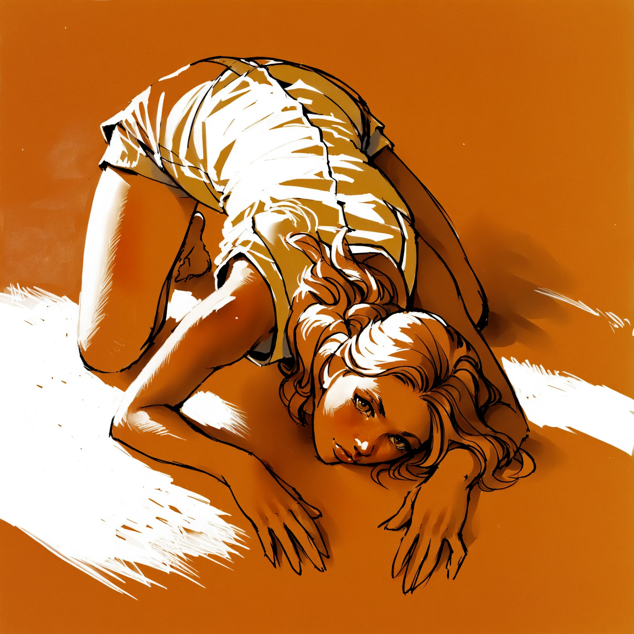 score_9, score_8_up, score_7_up, score_6_up, score_5_up, score_4_up, lineart, sketch, traditional media, beautiful woman bowing down on the floor, rating_safe, white top, looking at viewer