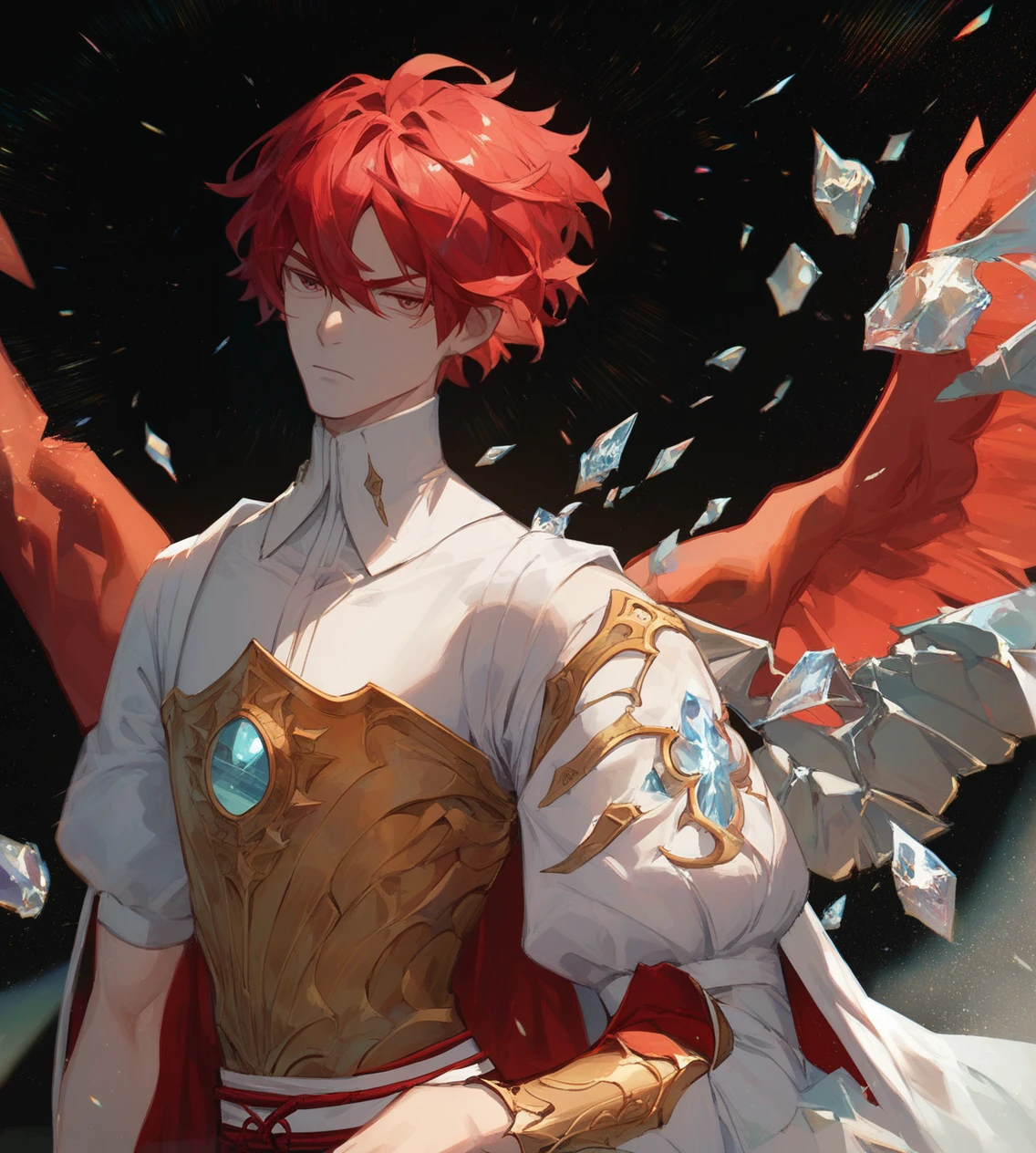 score_9,score_8_up,score_7_up,score_6_up,source anime BREAK,
1boy, muscular, red hair, crystal hair, japanese armor, amputee, gem, serious, cowboy shot, damaged, broken, japanese clothes, long sleeves, kimono, wings, armor, cloak,
<lora:houseki_no_kuni_artworks-000014:0.9>