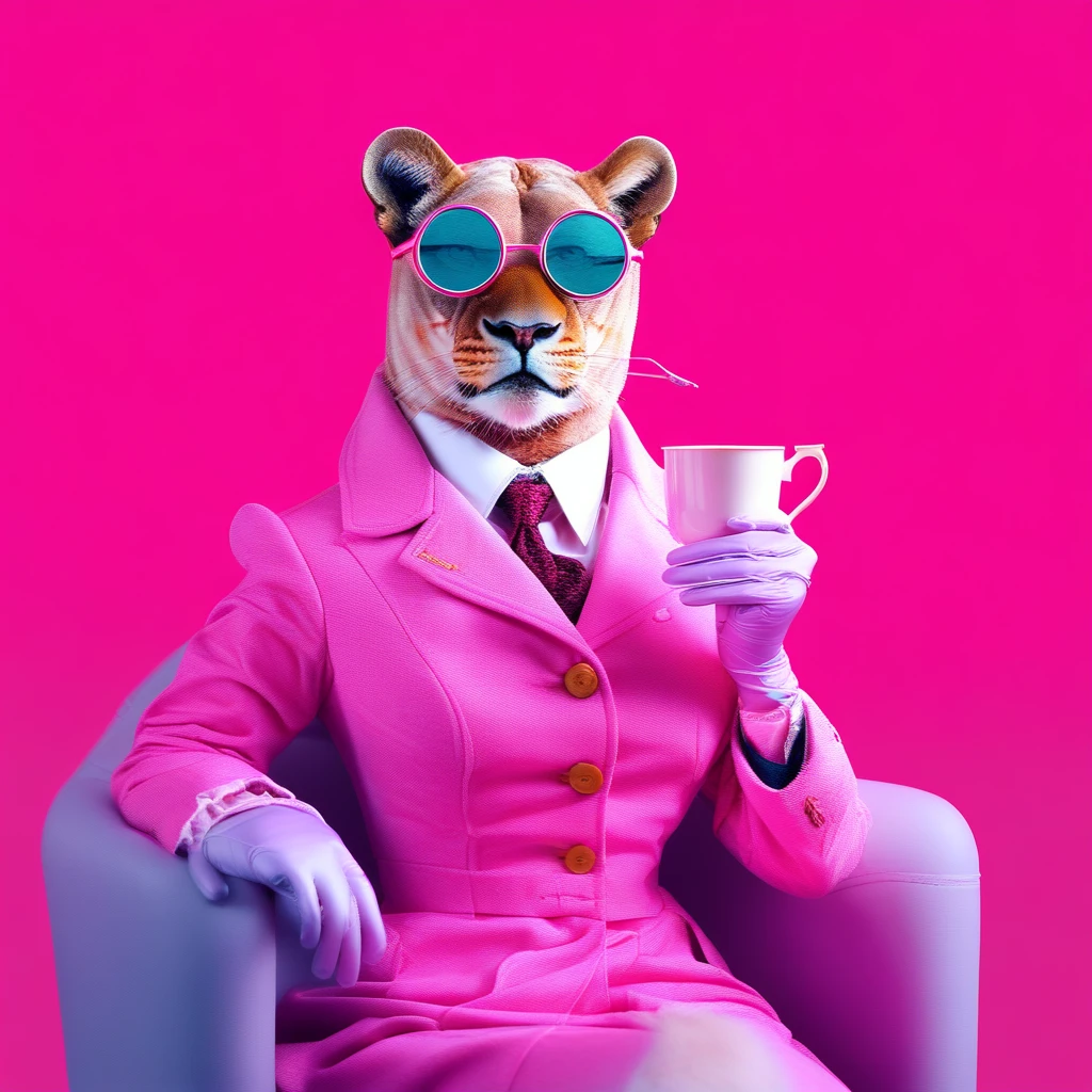 stpzzlzz, red eyes, blurry, buttons, open mouth, coat, cup, gloves, tinted eyewear, teacup, sitting, pink sky, closed mouth, yellow background, monocle, pink gloves, pantyhose
