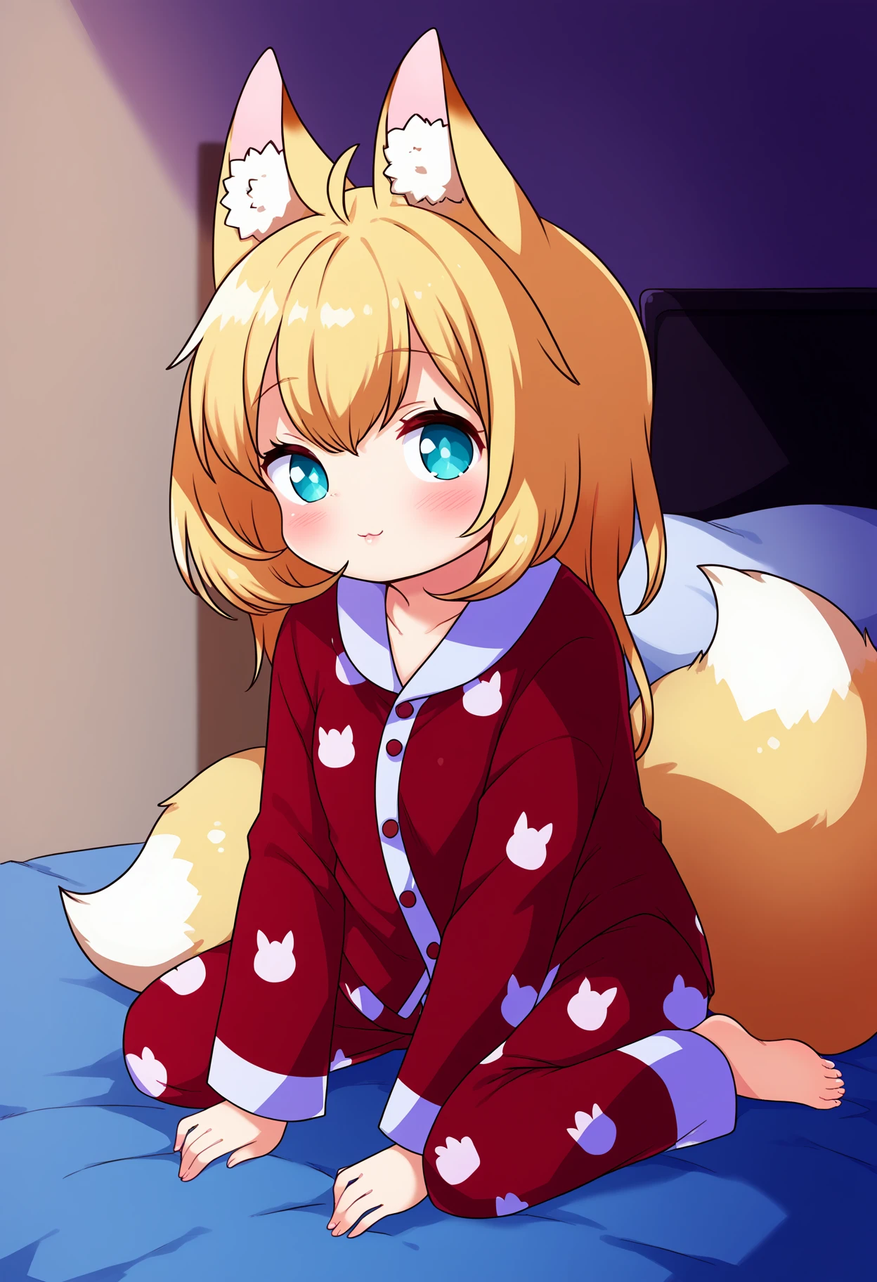 score_9, best quality, masterpiece, uncensored, source_anime
BREAK
1girl, animal ear fluff, blonde hair, fox ears, fox girl, fox tail, pajamas, sitting on bed, full body, indoors, bedroom
<lora:done_(donezumi)_pony_v1:1>