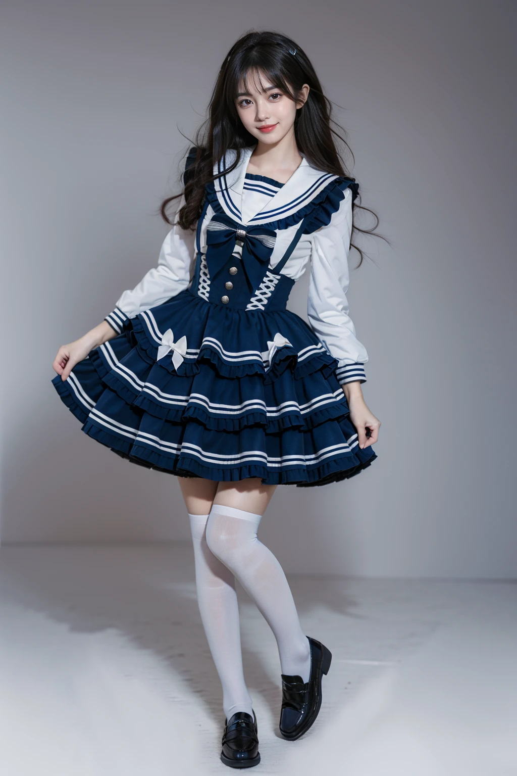 best quality, masterpiece, realistic, photorealistic, 1girl, solo, looking at viewer, smile, standing, full body, cyb dress, dress, dark blue dress, long sleeves, frilled dress, layered dress, suspender skirt, white shirt, frills, sailor collar, bow, white thighhighs, shoes, grey background, <lora:idol_costume_style9_v1:0.7>