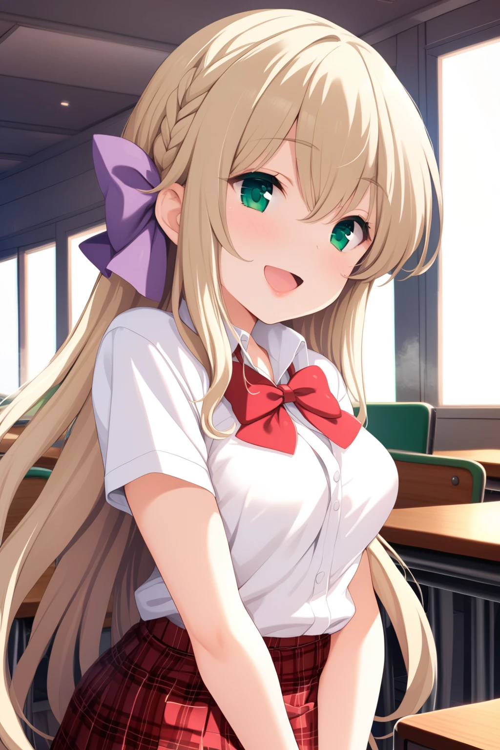 (masterpiece, best quality, very aesthetic, ultra detailed), intricate details, mochizukierena, solo, indoors, classroom, blonde hair, hair between eyes, french braid, hair ribbon, purple ribbon, very long hair, green eyes, medium breasts, red bowtie, white shirt, short sleeves, red skirt, plaid skirt, black pantyhose, school uniform, smile, open mouth, :d, pink lips, <lora:Mochizuki-Erena:0.7>