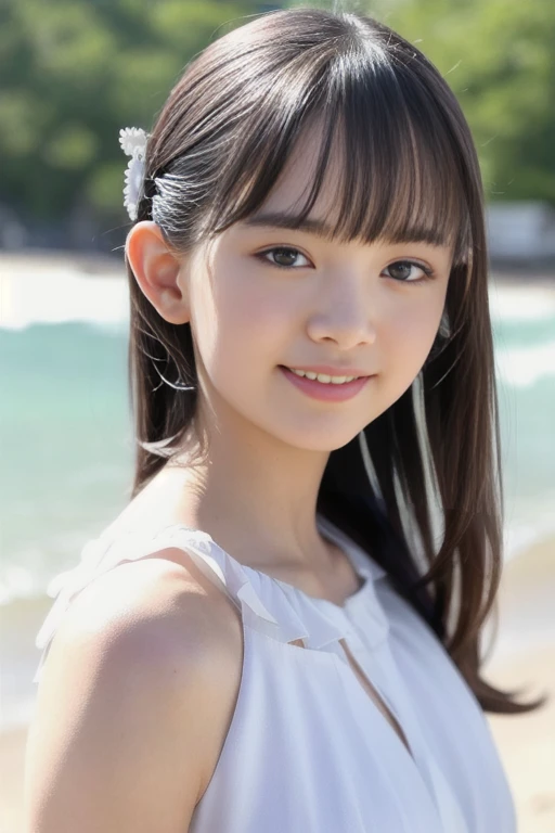 1girl,(RAW photo, best quality), (realistic, photo-realistic:1.4), masterpiece, an extremely delicate and beautiful, extremely detailed, 2k wallpaper, Amazing, finely detail, extremely detailed CG unity 8k wallpaper, ultra-detailed, highres, soft light, beautiful detailed girl, extremely detailed eyes and face, beautiful detailed nose, beautiful detailed eyes,cinematic lighting,perfect anatomy,
wearing a white dress,bokeh,
at a beach,looking at viewer,young japanaese idol,cleavege,
(smile:1.2), <lora:nireinozomi_lora-v2_04:0.9>